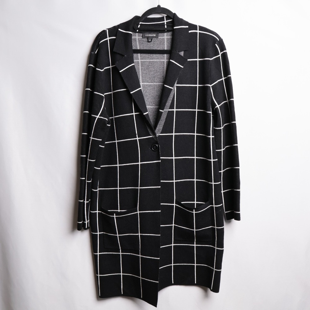 Calligraphie Womens‎ Black White Grid Windowpane Longline Knit Blazer Cardigan L